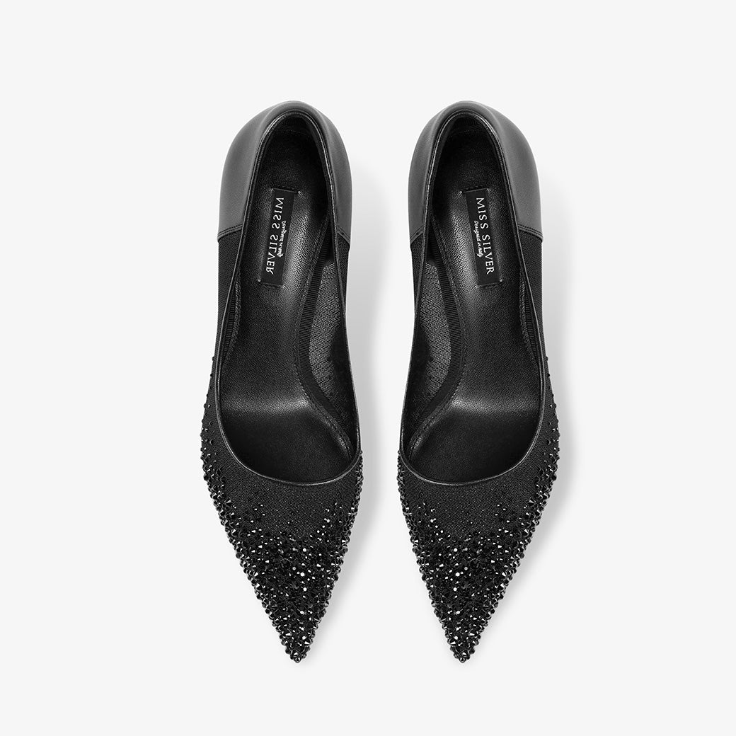 Black Sheer Mesh Ombre Rhinestone Pointed Toe Stiletto Bridal Pumps