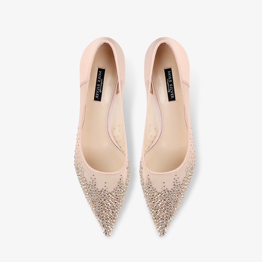 Pink Sheer Mesh Rhinestone Pointed Toe Stiletto Bridal Pumps