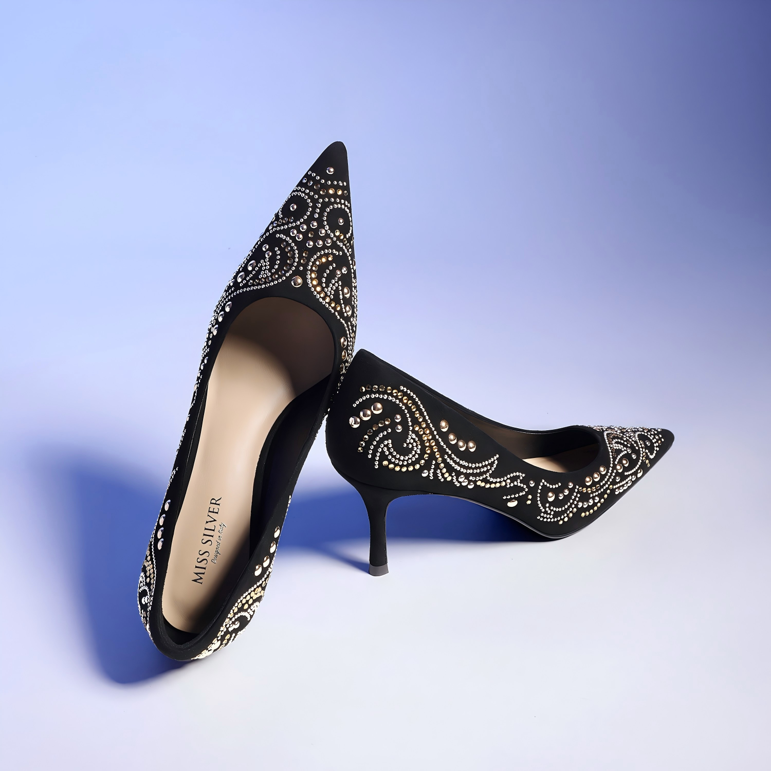 Elegant Black Suede Evening Pumps with Paisley Pearl Accents