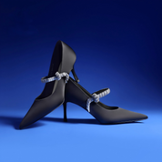 Black Satin Pointed-Toe Mary Jane Stiletto Pumps with Crystal Bow Strap