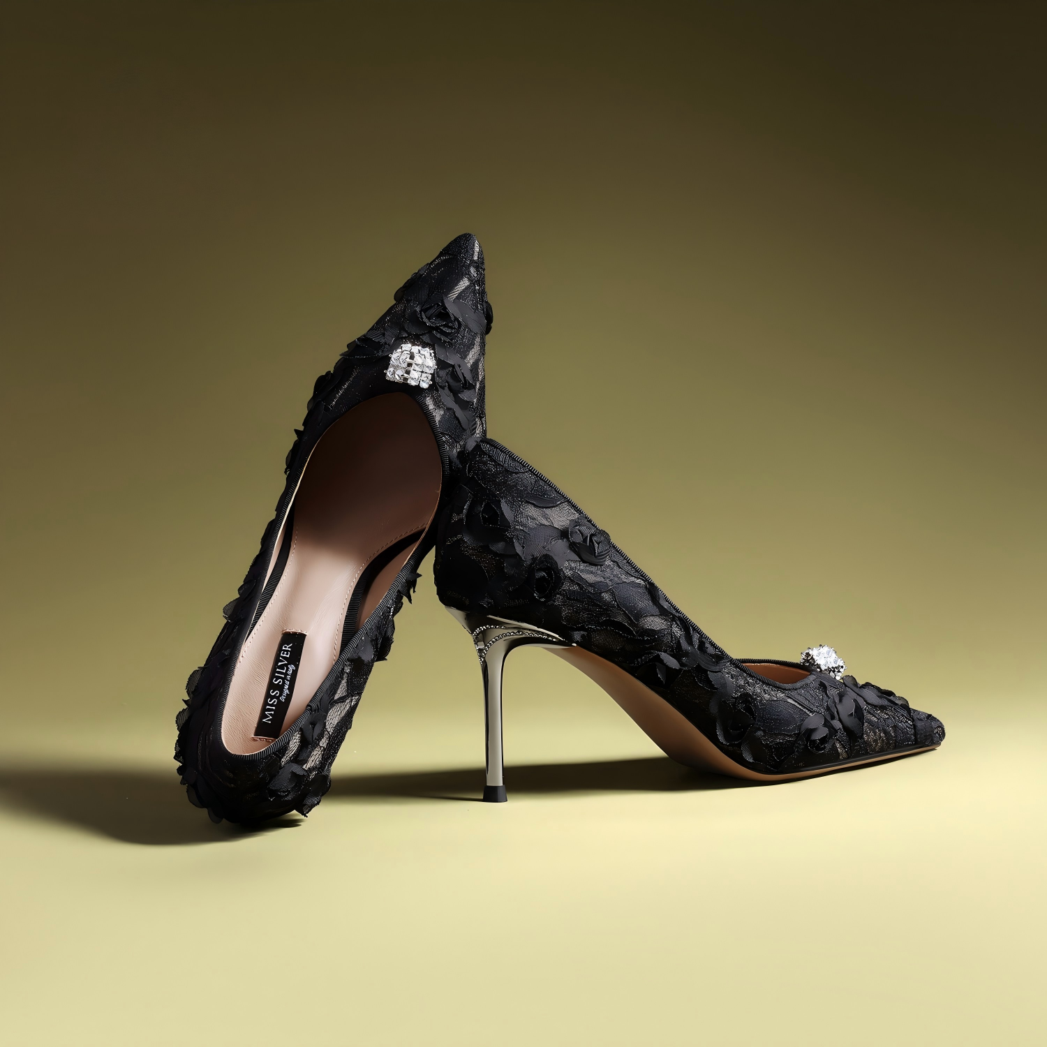 Black Lace Pointed-Toe Stiletto Pumps