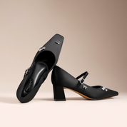 Black Satin Calf Leather Block Heel Dress Pumps