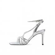 Silver Metallic Rhinestone Crisscross Ankle Strap Stiletto Sandals