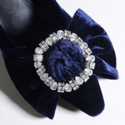Blue Velvet Bow Rhinestone Buckle Pointed Toe Pumps