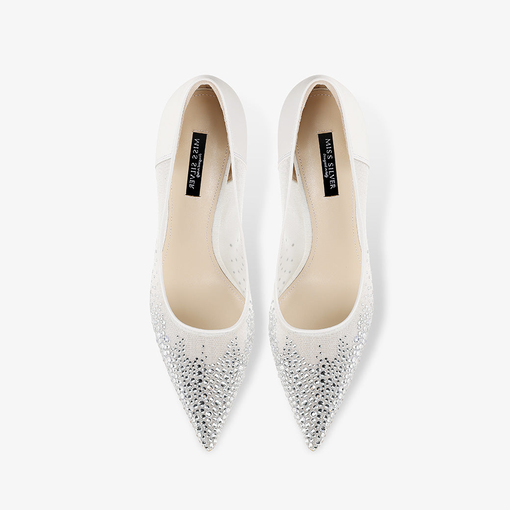 White Sheer Mesh Ombre Rhinestone Pointed Toe Stiletto Pumps