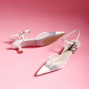 White Sheer Mesh Rhinestone Pointed Toe Kitten Heel Ankle Strap Sandals
