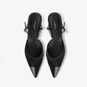 Black Sheer Mesh Rhinestone Pointed Toe Kitten Heel Ankle Strap Sandals