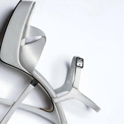 Silver Grey Satin Platform Ankle Strap Stiletto Heel Sandals