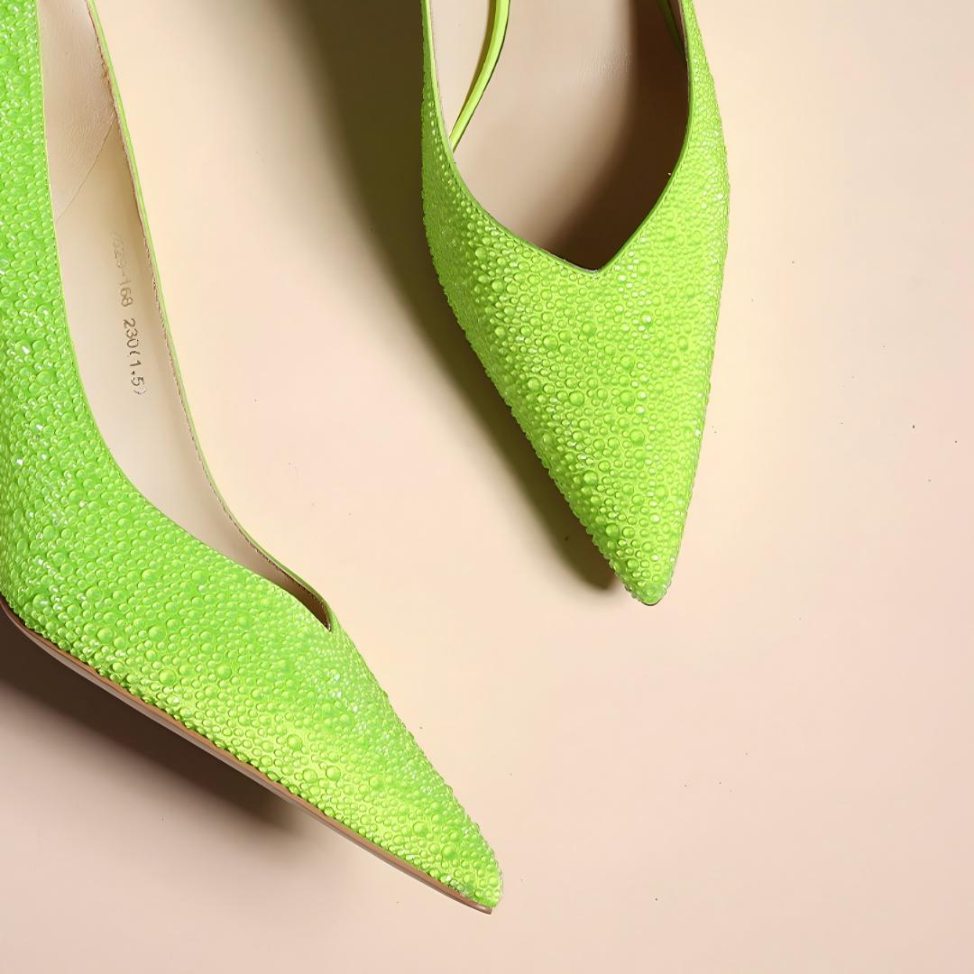 Neon Green Teardrop Crystal Pointed Toe Stiletto Pumps