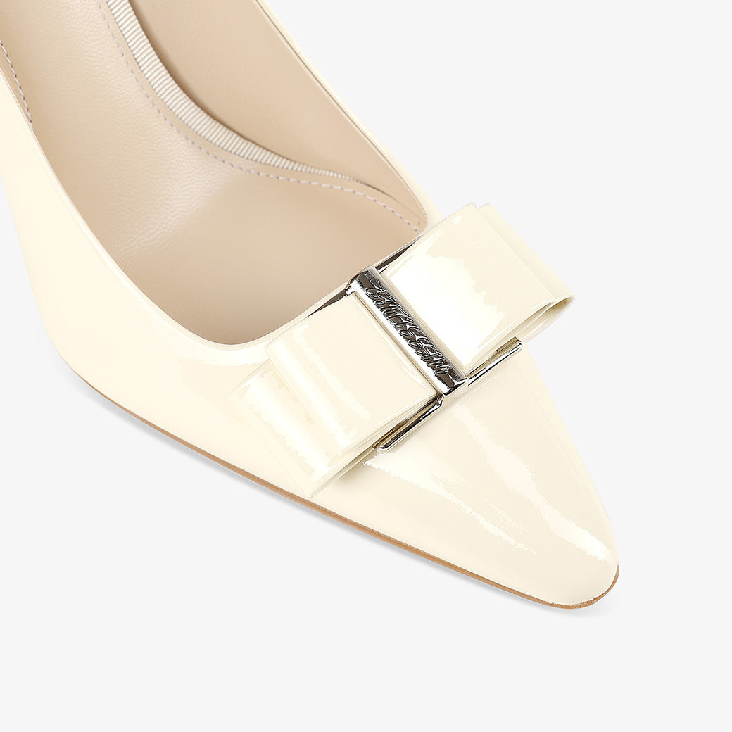 White Patent Leather Pointed Toe Stiletto Heels with Bow