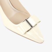 White Patent Leather Pointed Toe Stiletto Heels with Bow