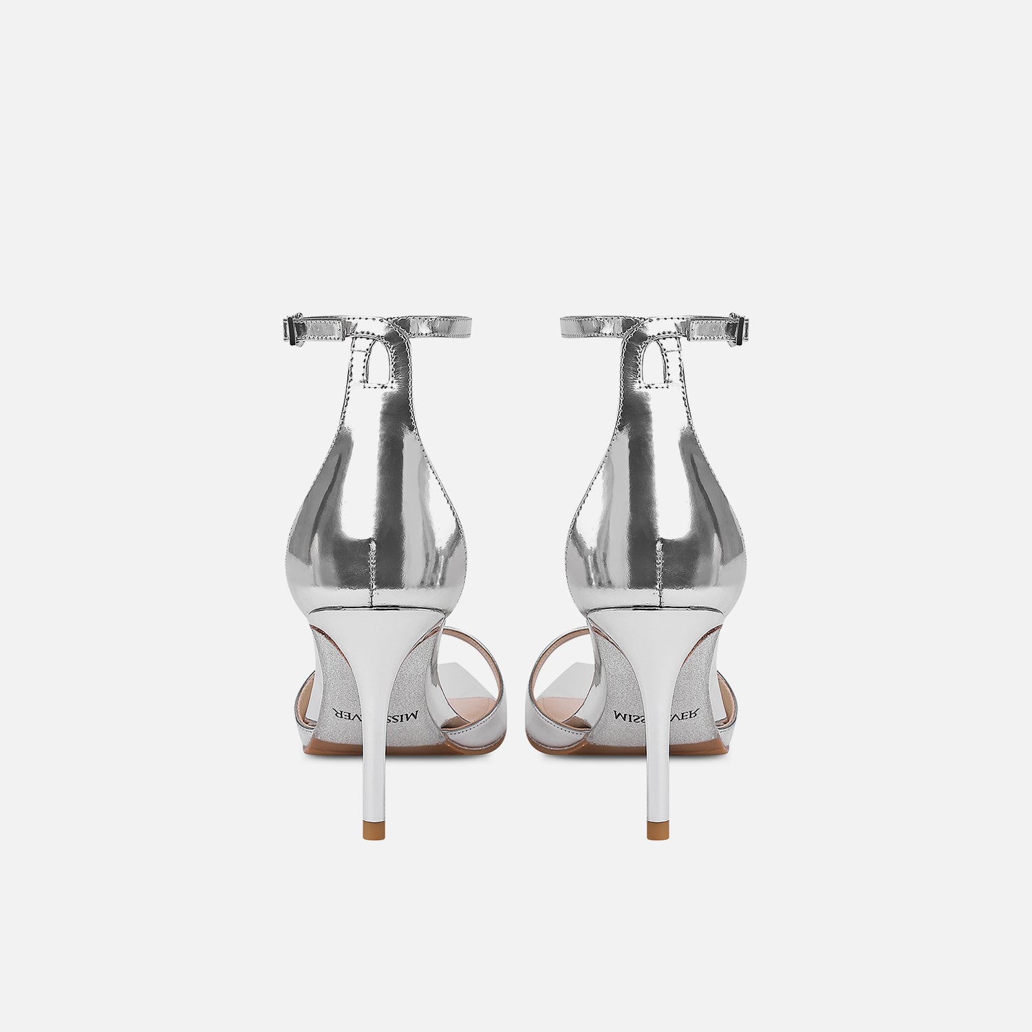 Silver Mirror Finish Ankle Strap Pumps