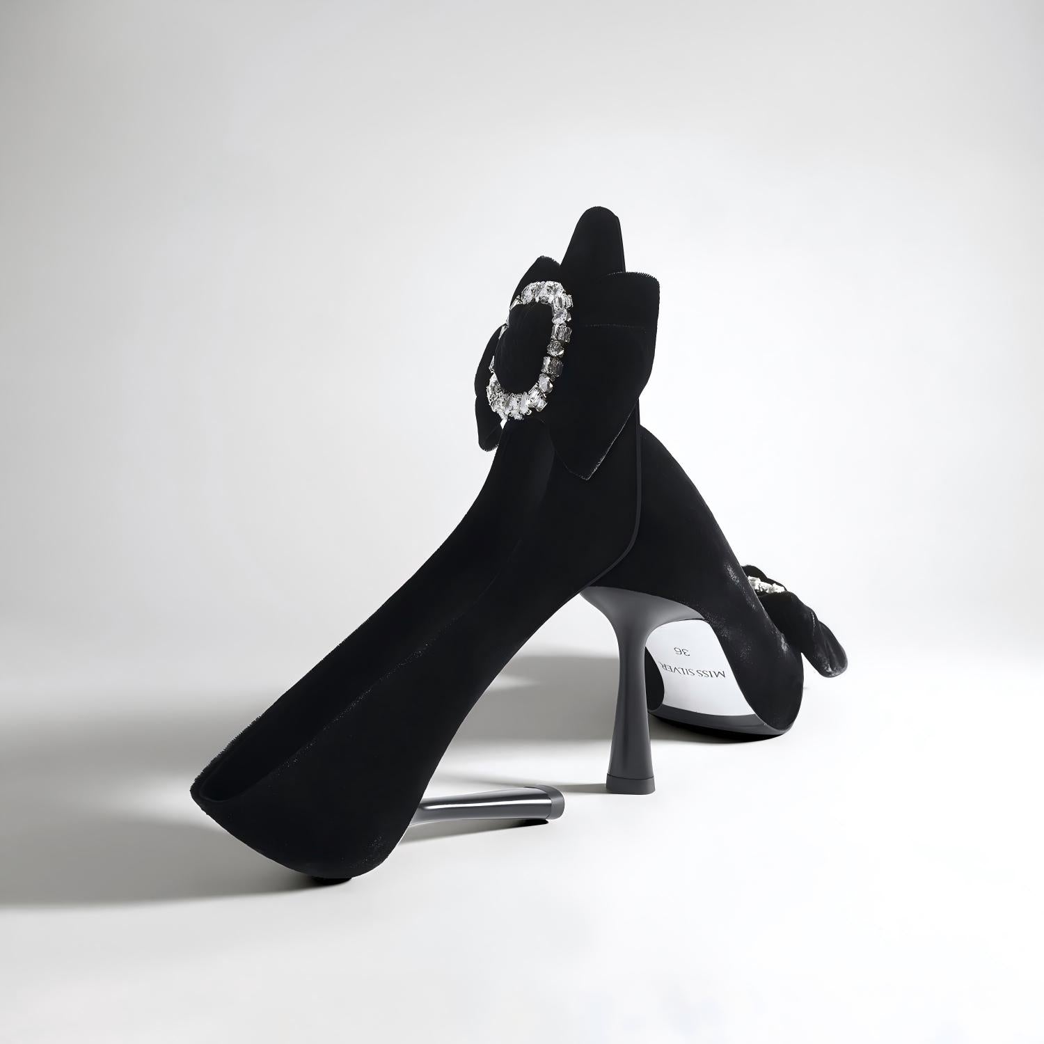 Blue Velvet Bow Rhinestone Buckle Pointed Toe Pumps