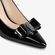 Sleek Black Stiletto Pumps in Patent Leather with Bow Detail
