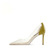Avocado Green Clear PVC Rhinestone Pointed Toe Stiletto Pumps