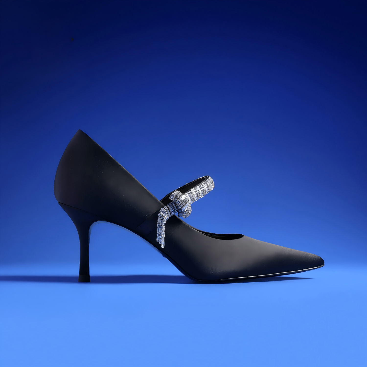 Black Satin Pointed-Toe Mary Jane Stiletto Pumps with Crystal Bow Strap