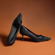 Black Lace Rhinestone Pointed Toe Bow Pumps