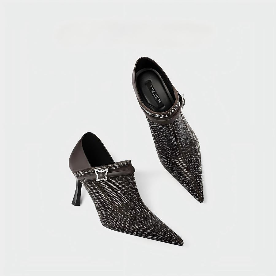 Crystal Embellished Mesh Pointed Toe Ankle Boots