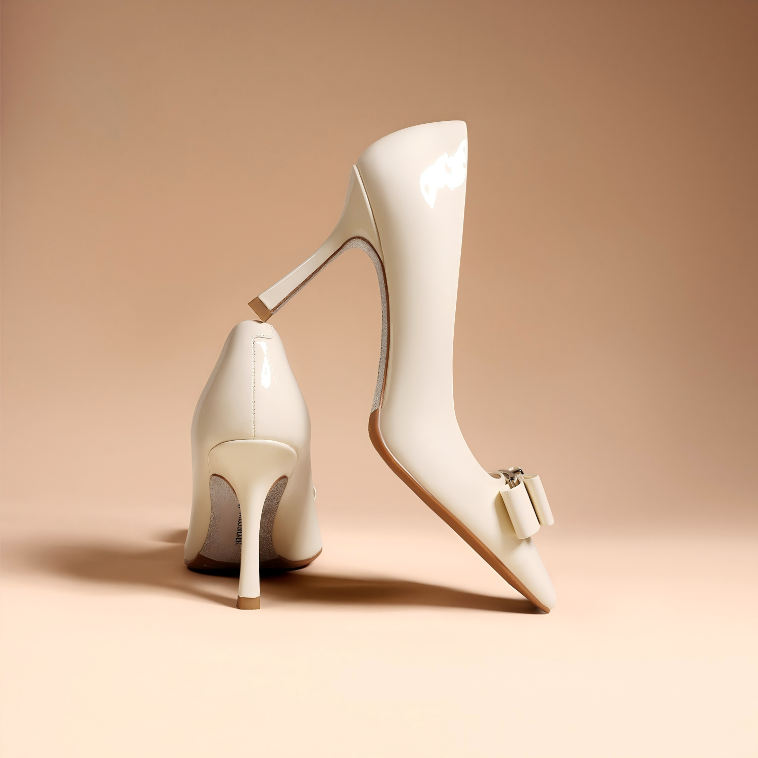 White Patent Leather Pointed Toe Stiletto Heels with Bow