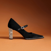 Black Velvet Mary Jane Pumps with Crystal Embellishments