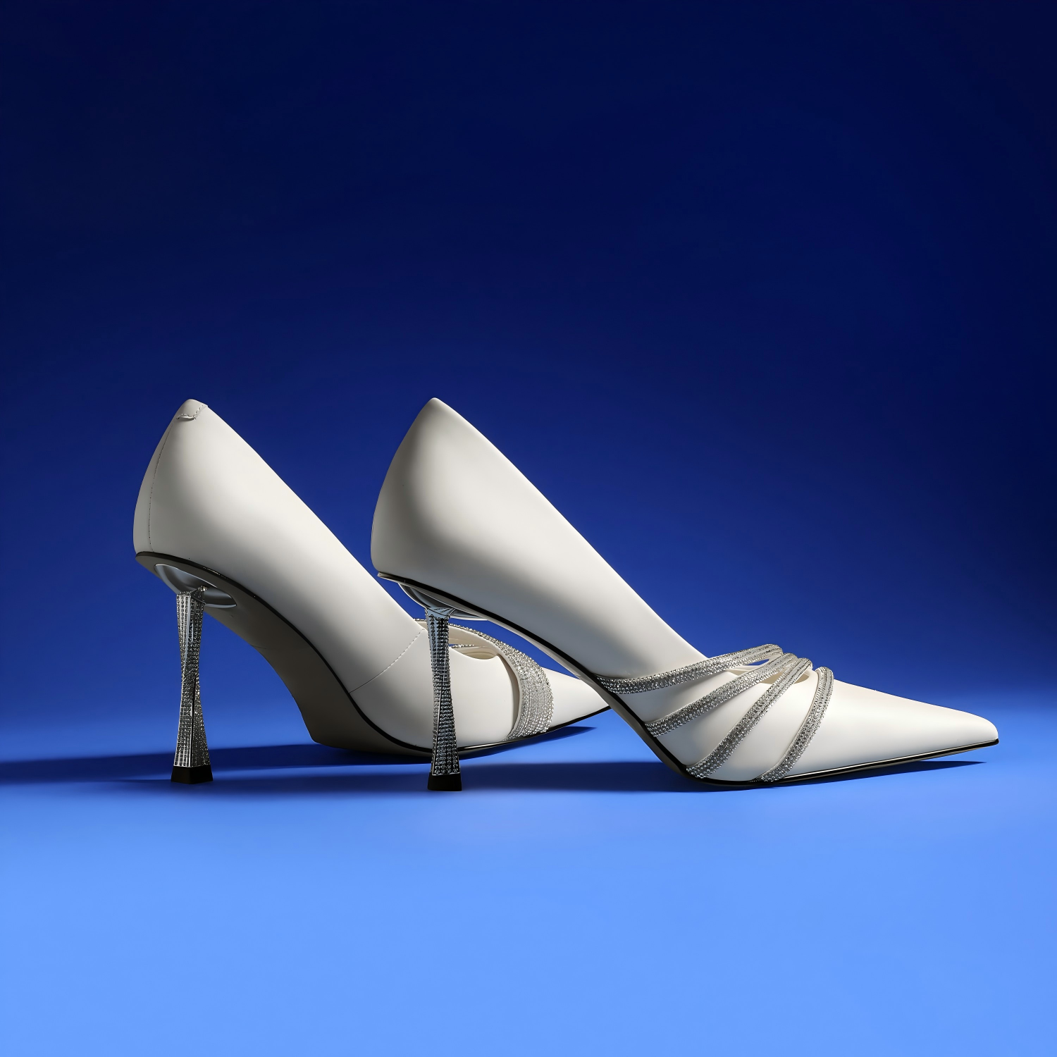 Sleek White Stiletto Heels with Multi-Crystal Strap Detail