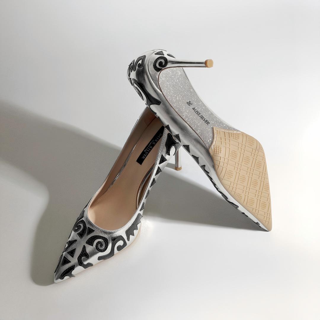 Silver Metallic Pumps with Black Abstract
