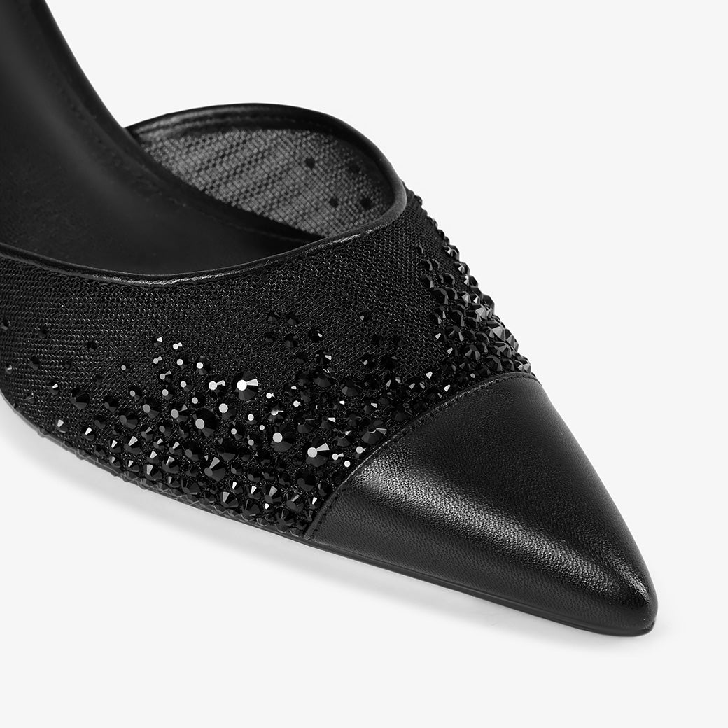 Black Sheer Mesh Rhinestone Pointed Toe Kitten Heel Ankle Strap Sandals