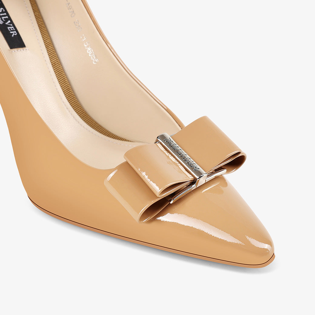 Nude Patent Leather Bow Pointed Toe Stiletto Pumps