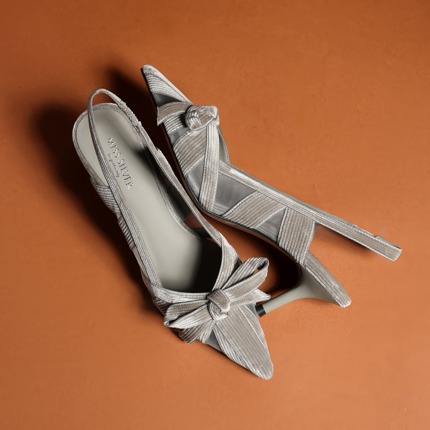 Silver Mesh Bow Slingback Kitten Heels