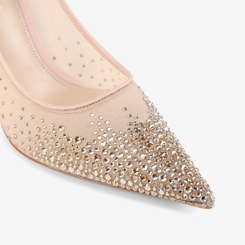 Pink Sheer Mesh Rhinestone Pointed Toe Stiletto Bridal Pumps