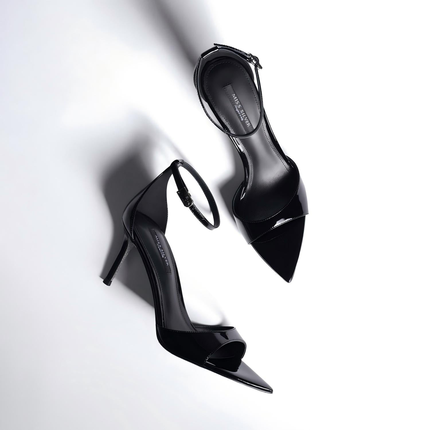 Black Patent Open-Toe Pointed Ankle Strap Stilettos