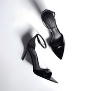 Black Patent Open-Toe Pointed Ankle Strap Stilettos