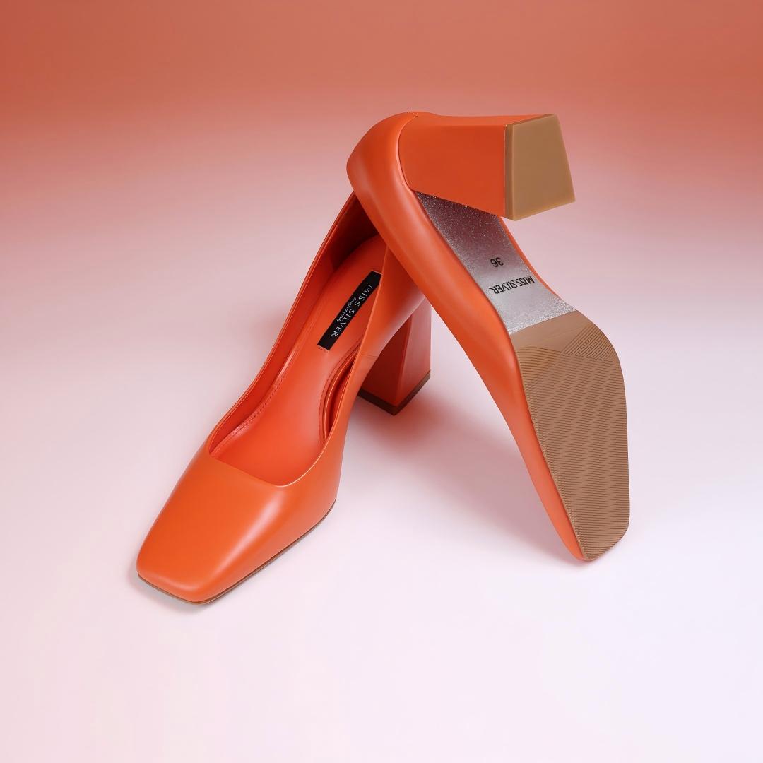 Orange Calfskin Square-Toe Block Heel Pumps