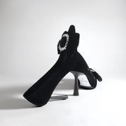 Black Velvet Bow Rhinestone Buckle Pointed Toe Pumps