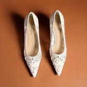 Ivory Lace Rhinestone Pointed Toe Bow Pumps