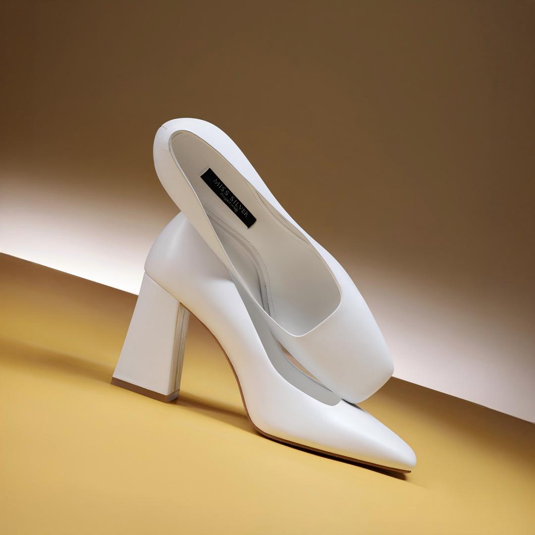 White Calfskin Square-Toe Block Heel Pumps