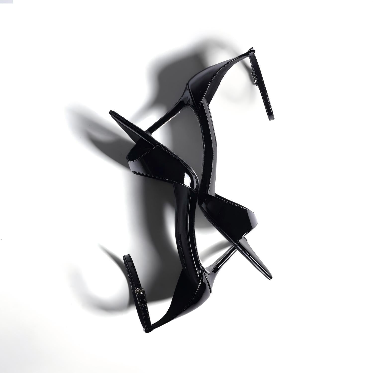Black Patent Open-Toe Pointed Ankle Strap Stilettos