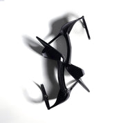 Black Patent Open-Toe Pointed Ankle Strap Stilettos