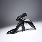 Black Calfskin Square-Toe Block Heel Pumps