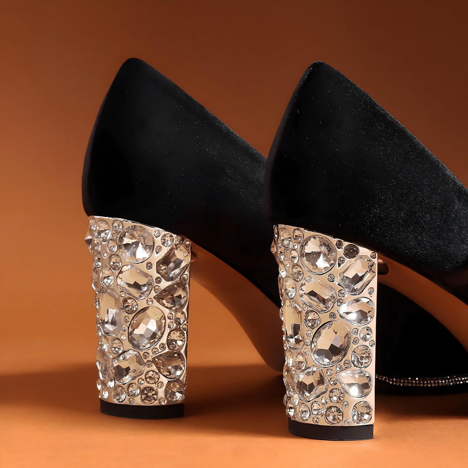 Black Velvet Mary Jane Pumps with Crystal Embellishments