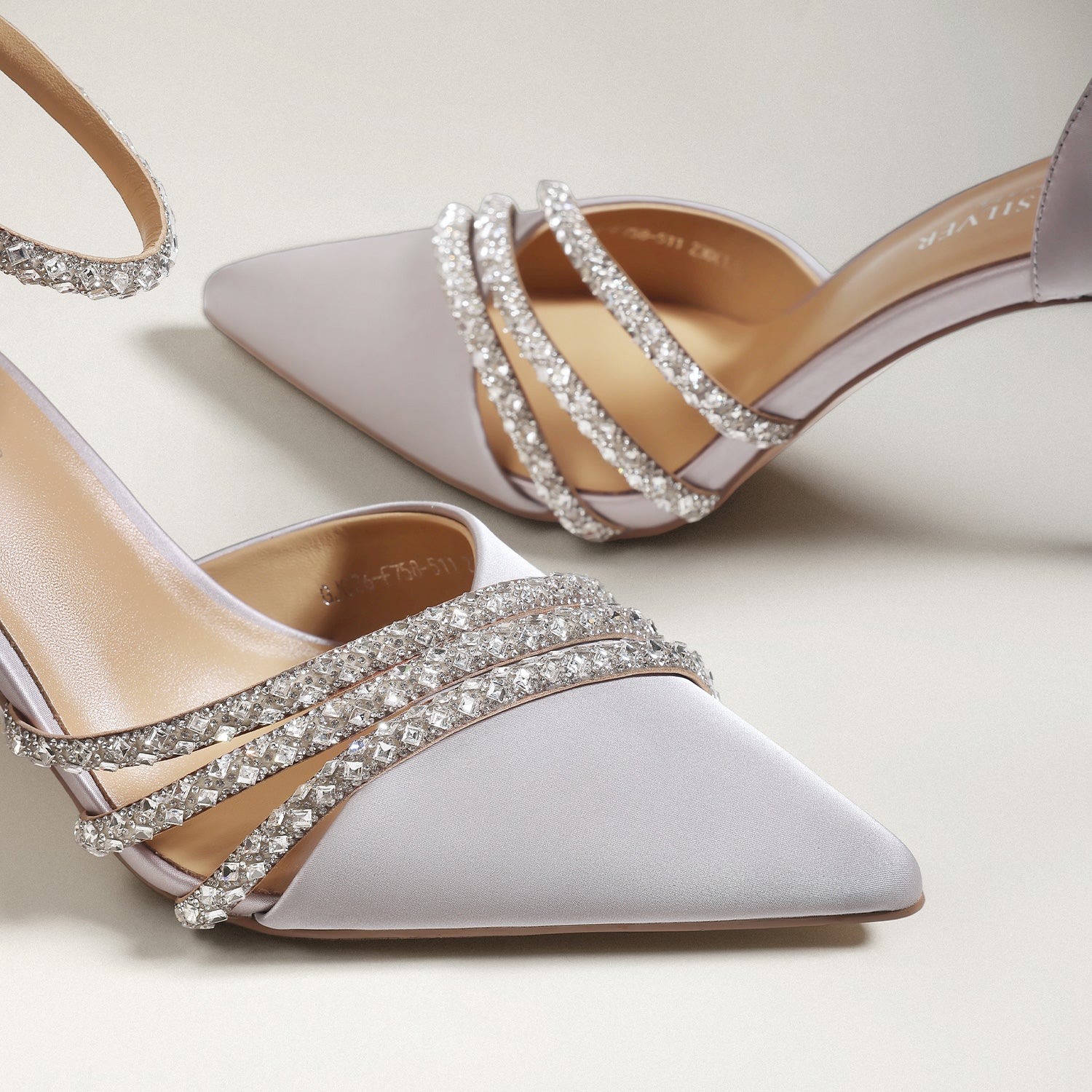 Lilac Satin Leather Crystal Ankle Strap Stiletto Heels