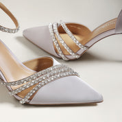 Lilac Satin Leather Crystal Ankle Strap Stiletto Heels