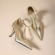 Champagne Gold Rhinestone T-Strap Pointed-Toe Stiletto Pumps