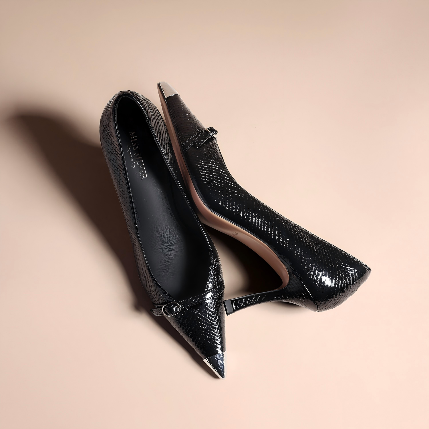 Black Metal Cap Toe Mary Jane Heels