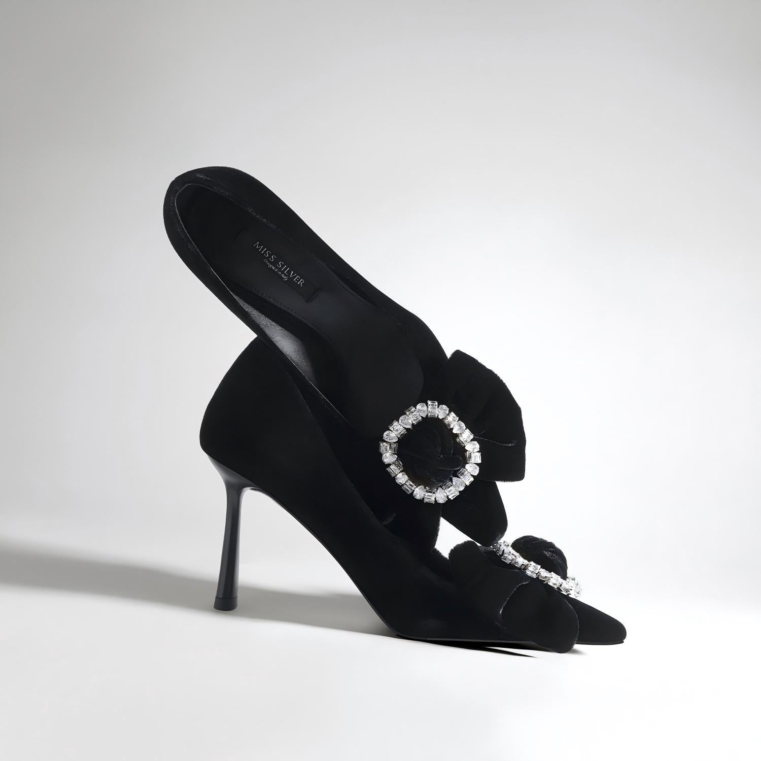 Black Velvet Bow Rhinestone Buckle Pointed Toe Pumps