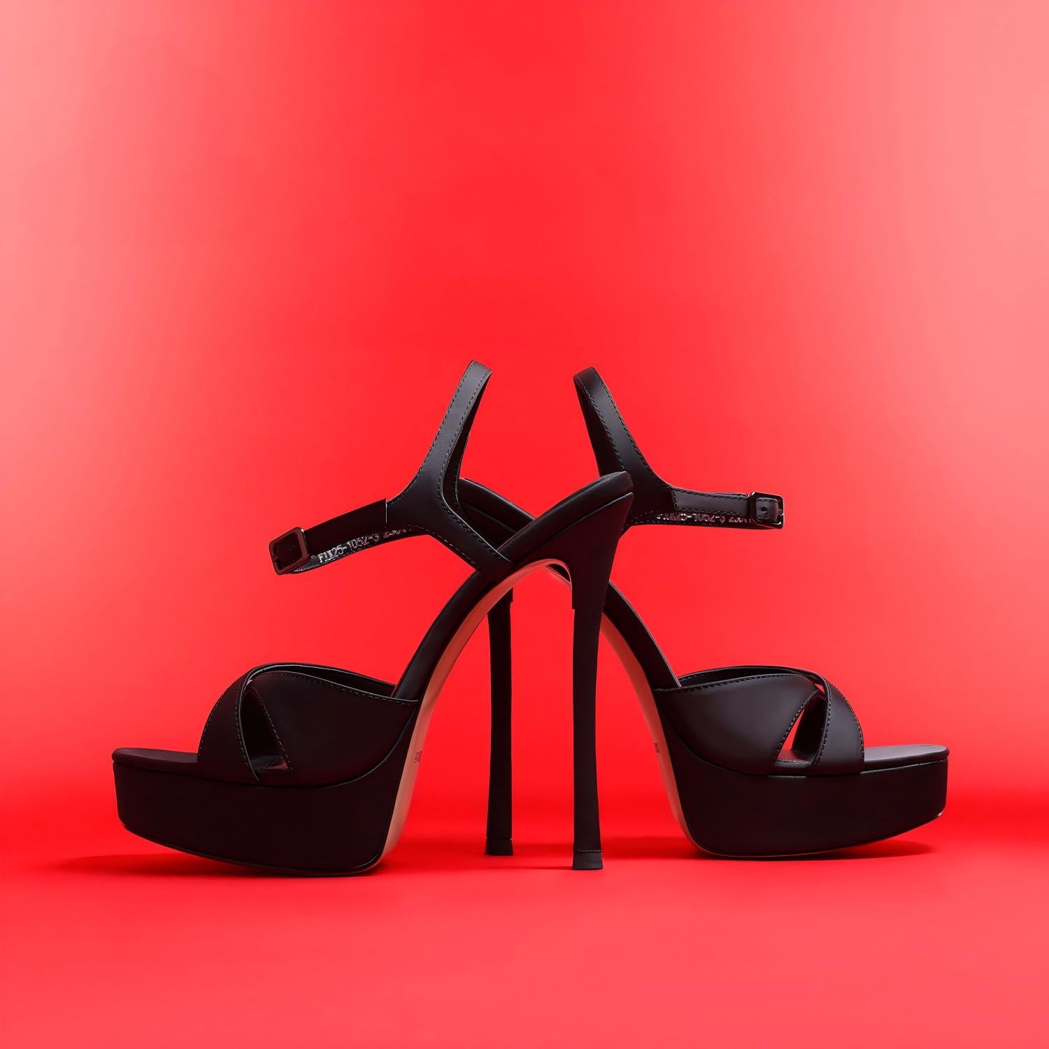 Black Satin Platform Ankle Strap Stiletto Heel Sandals