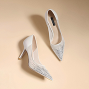 White Sheer Mesh Ombre Rhinestone Pointed Toe Stiletto Pumps