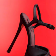 Black Satin Platform Ankle Strap Stiletto Heel Sandals