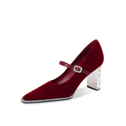 Burgundy Velvet Mary Jane Heels with Crystal