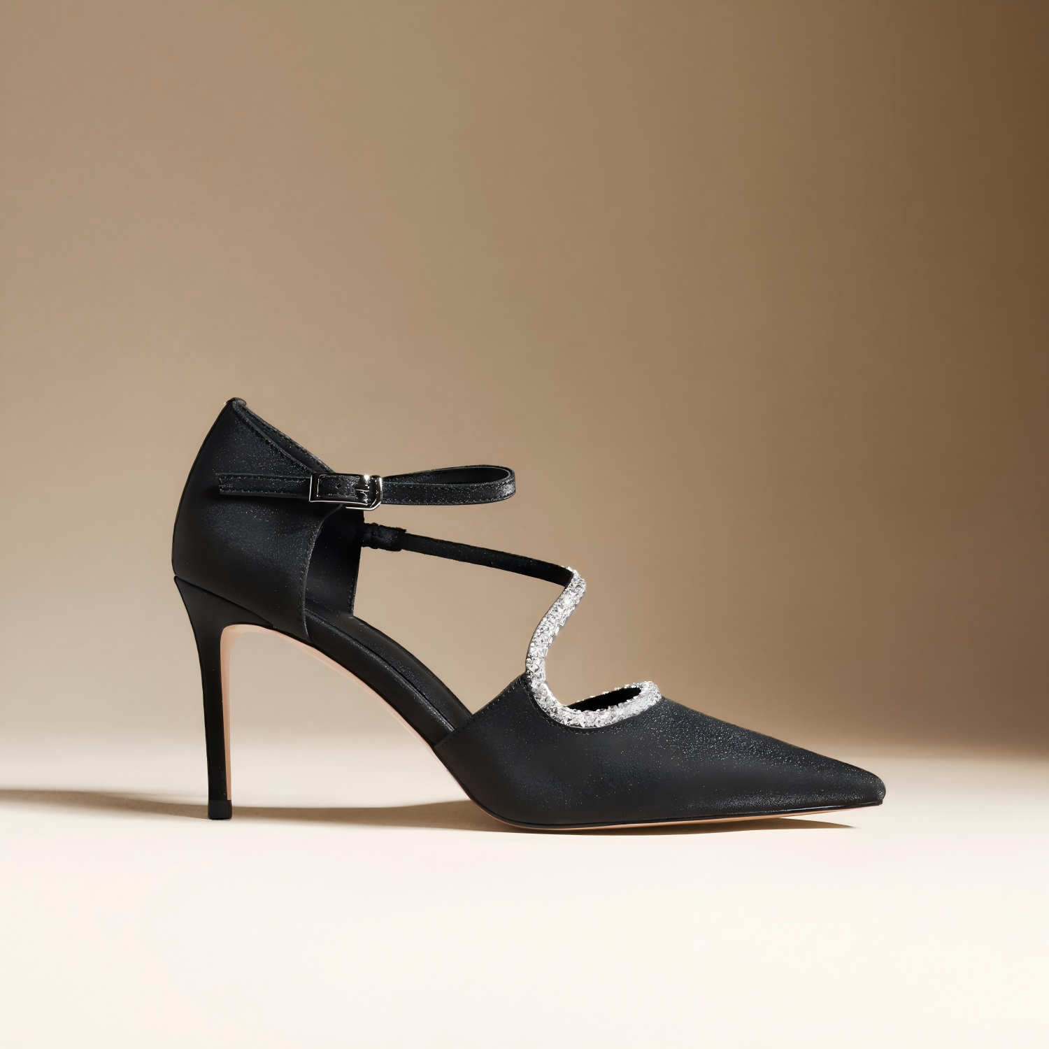 Black Satin Rhinestone Ankle Strap Pumps